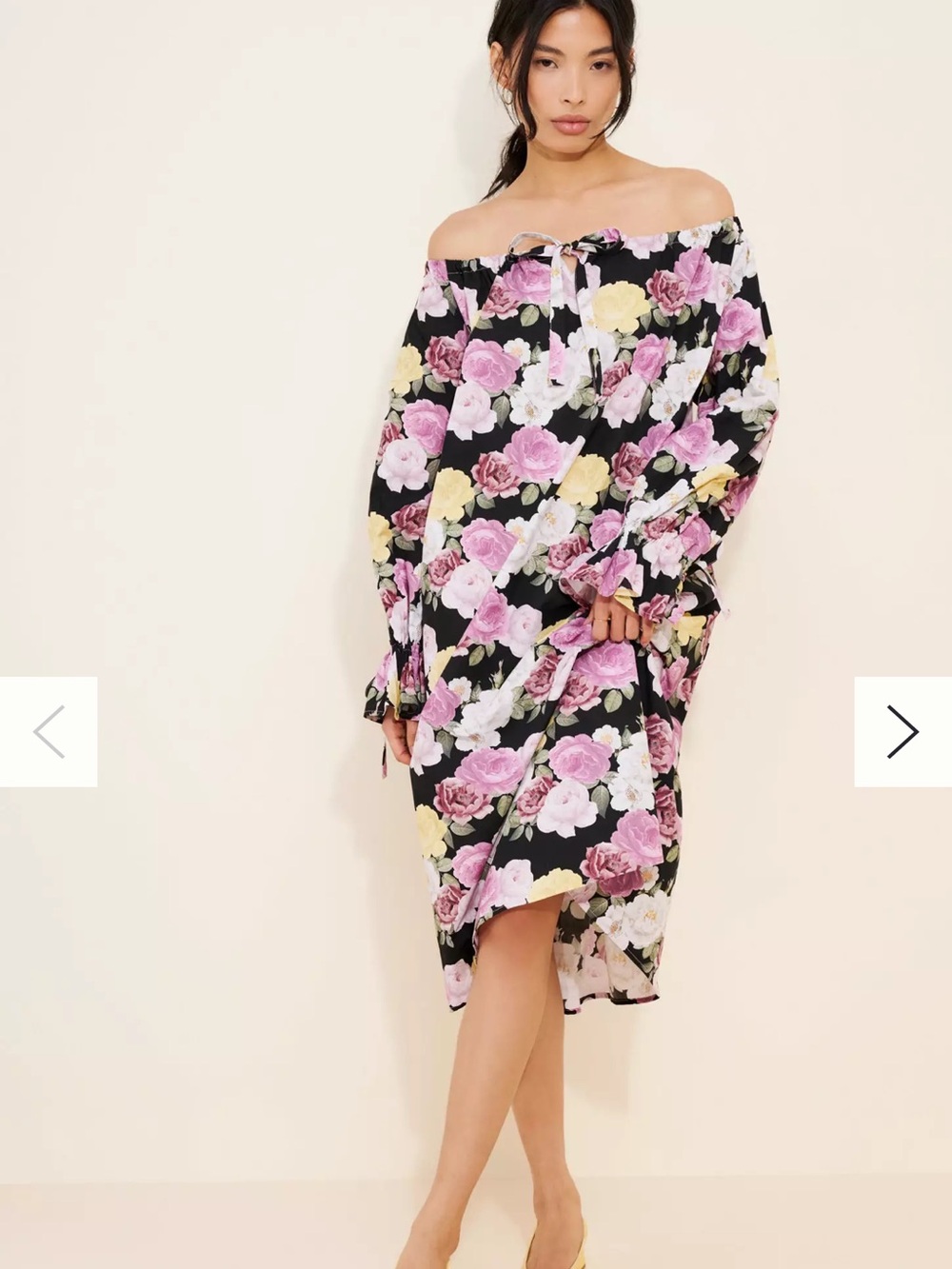 Sleeper Anthropologie Black Floral Off-Shoulder Dress with Pink and Yellow Roses